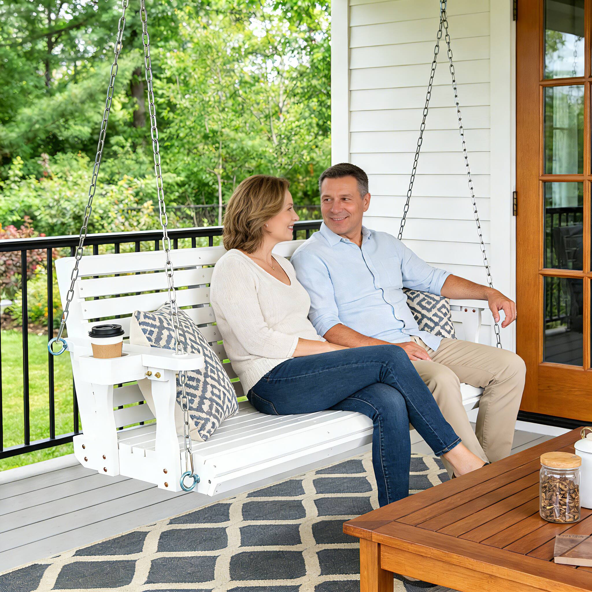 Left. Fortune Candy - Wooden 5FT Porch Swing w/Cupholders , High Back & Deep Seat, Heavy Duty 880lbs for Garden, 3-Seater - White.