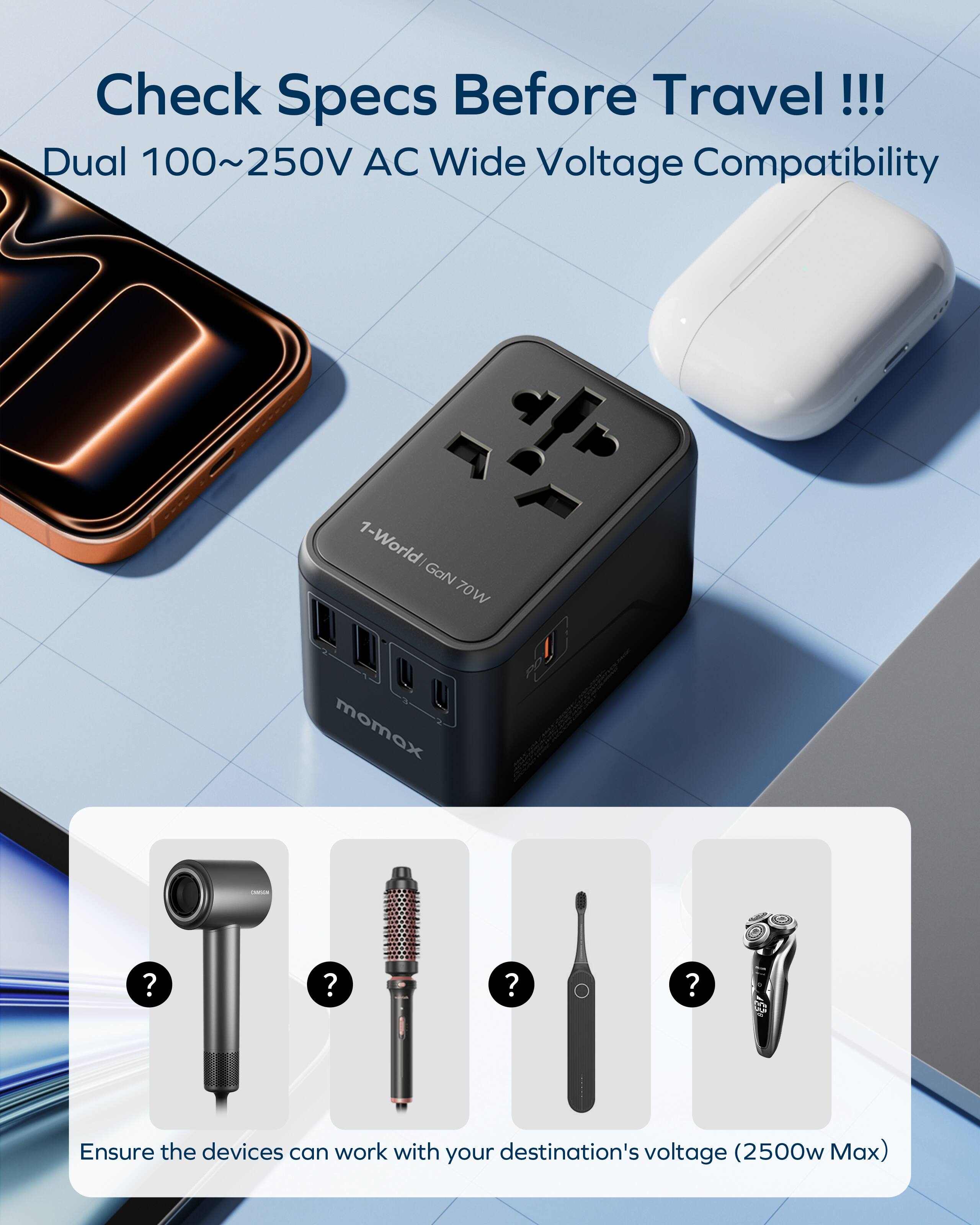 Check Specs Before Travel!!!

Dual 100~250V AC Wide Voltage Compatibility

1-World GaN 70W momox

Ensure the devices can work with your destination's voltage (2500w Max)