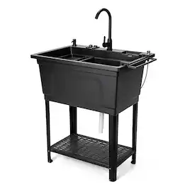 Winado - Freestanding Utility Sink with Stainless Steel Faucet, Soap Dispenser, Towel Holder, Storage Shelf, Phone Stand for Home - Black