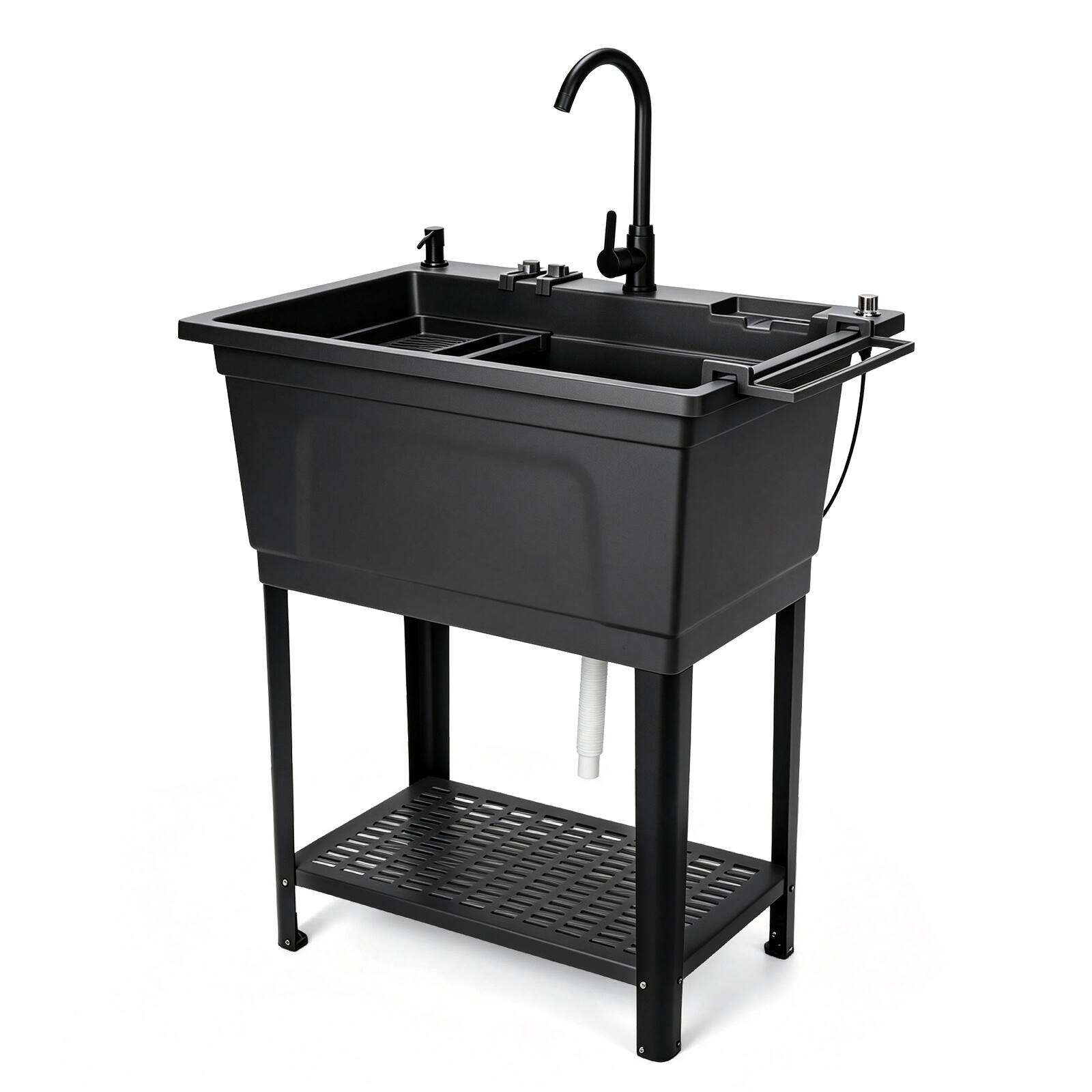 Winado - Freestanding Utility Sink with Stainless Steel Faucet, Soap Dispenser, Towel Holder, Storage Shelf, Phone Stand for Home - Black