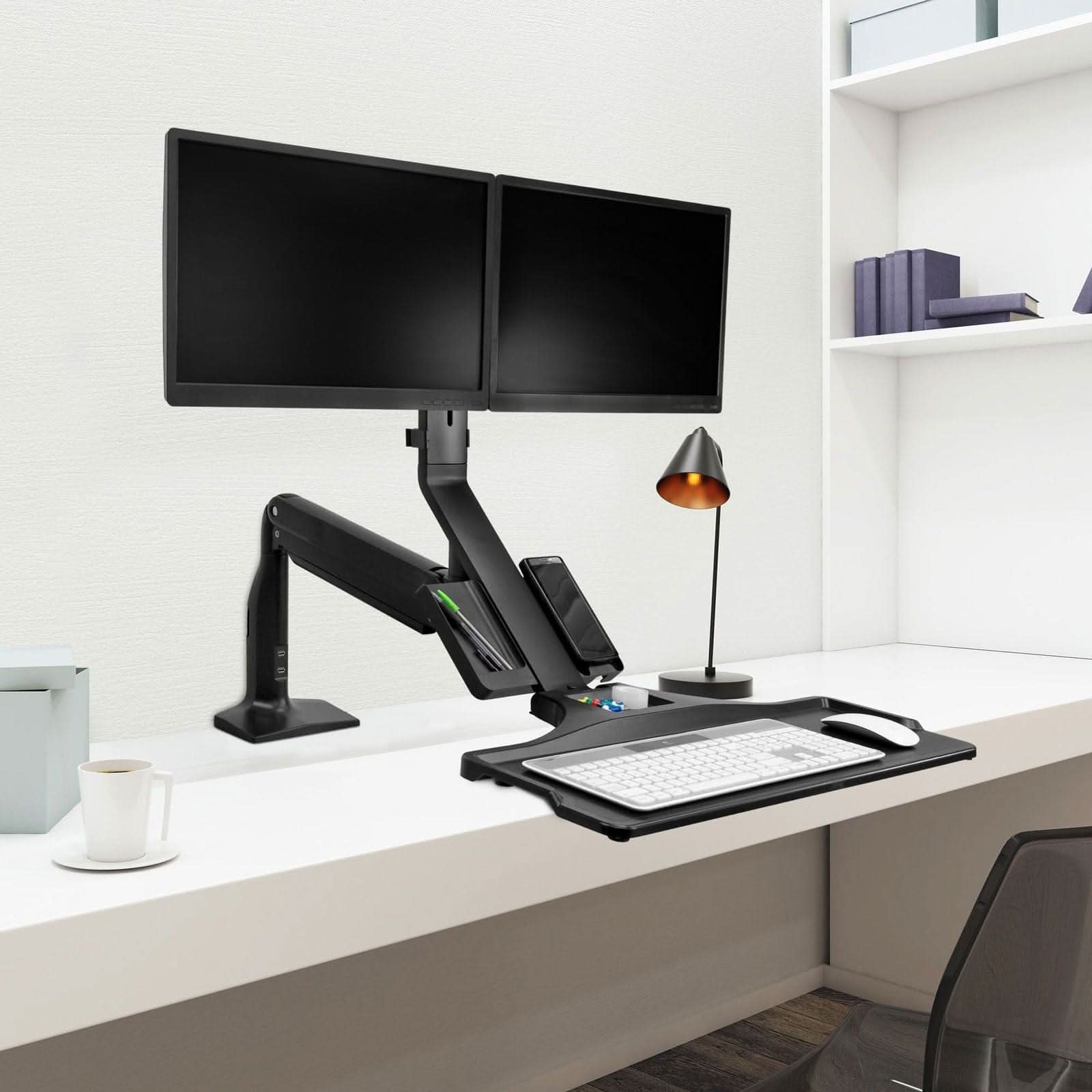 Alt View 4. Mount-It! - Adjustable Dual Monitor Sit-Stand Desk Mount with Gas Spring Arms, USB 3.0 Ports, Keyboard Tray & Office Storage, Black - Black.
