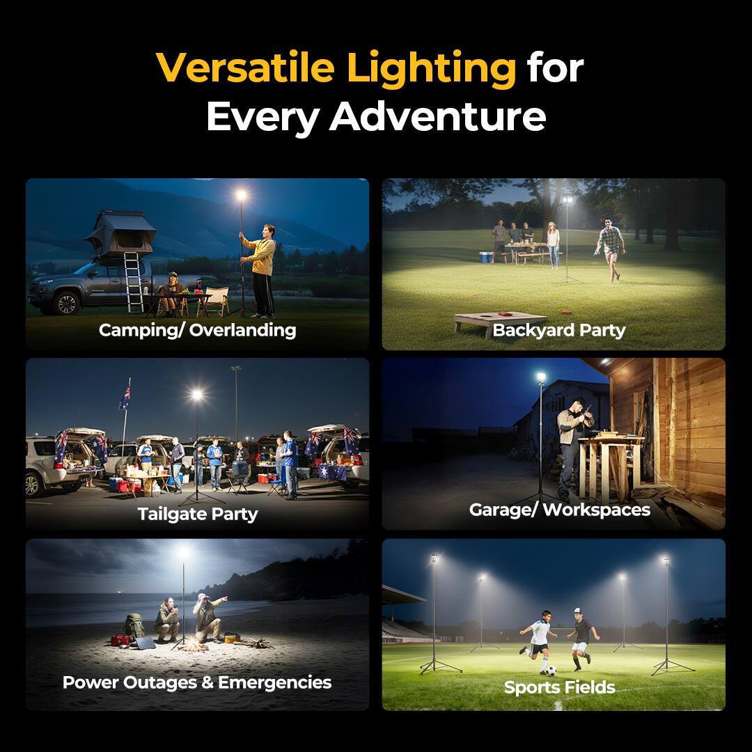 Versatile Lighting for Every Adventure

- Camping/ Overlanding
- Backyard Party
- Tailgate Party
- Garage/ Workspaces
- Power Outages & Emergencies
- Sports Fields