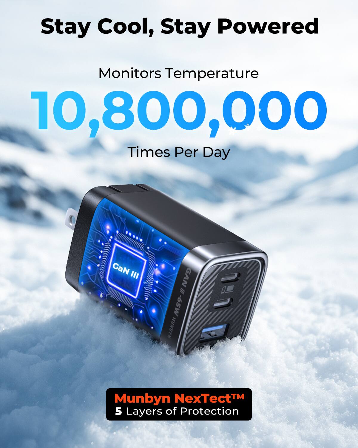 Stay Cool, Stay Powered

Monitors Temperature  
10,800,000 Times Per Day

GaN III

Munbyn NexTect™  
5 Layers of Protection