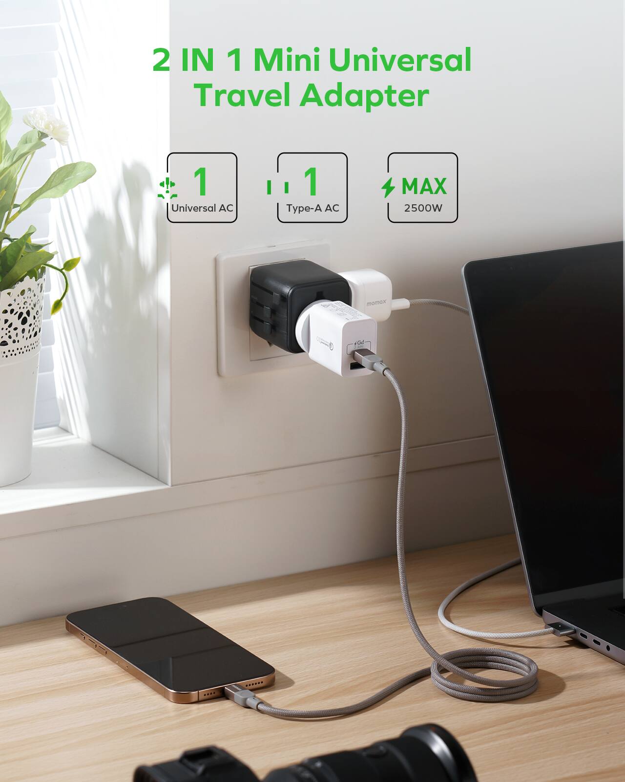 2 IN 1 Mini Universal Travel Adapter

1 Universal AC
1 Type-A AC
MAX 2500W