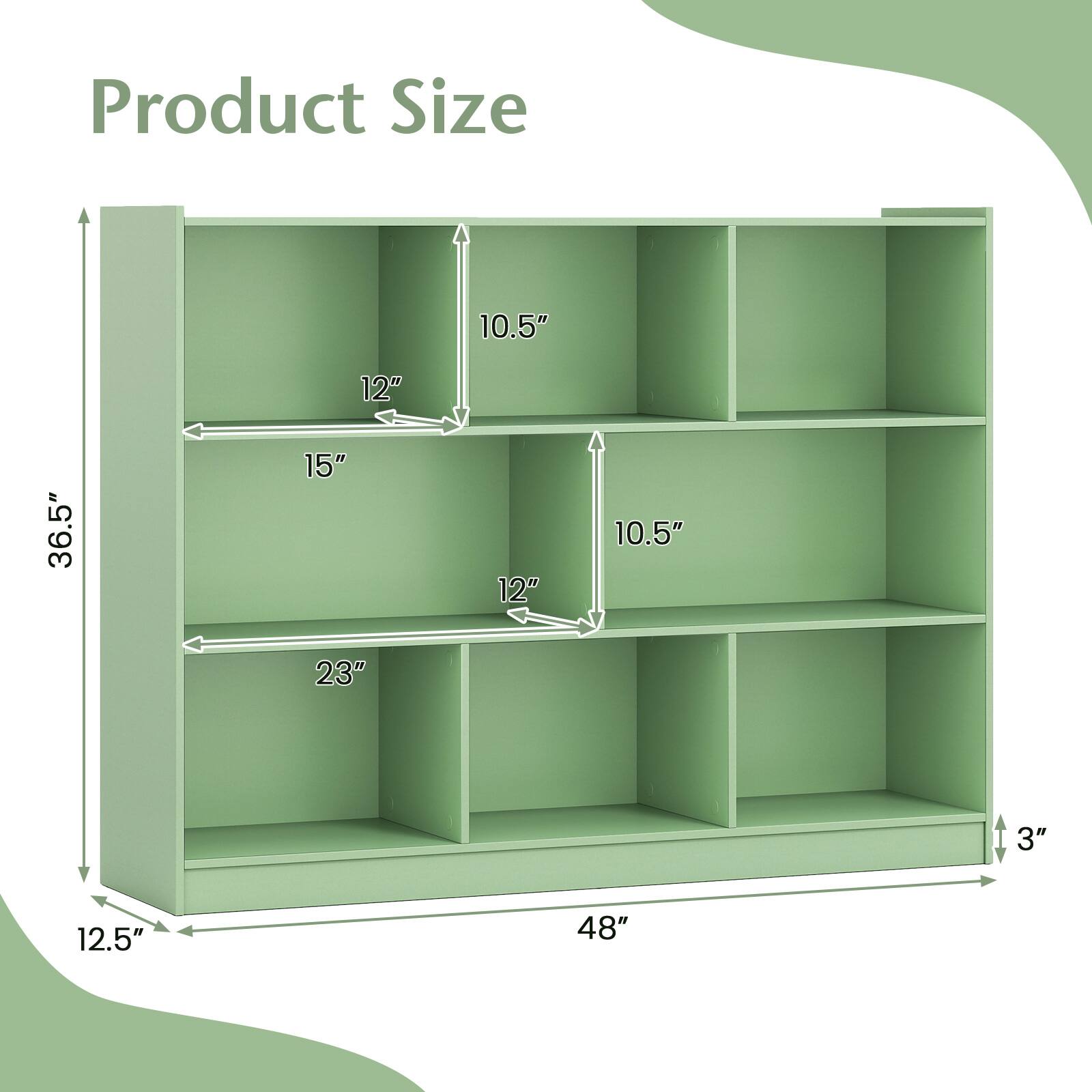 Product Size

- Width: 48"
- Height: 36.5"
- Depth: 12.5"
- Shelf Spacing: 12"
- Shelf Depth: 10.5"
- Shelf Height: 15"
- Shelf Height: 23"
- Shelf Height: 3"