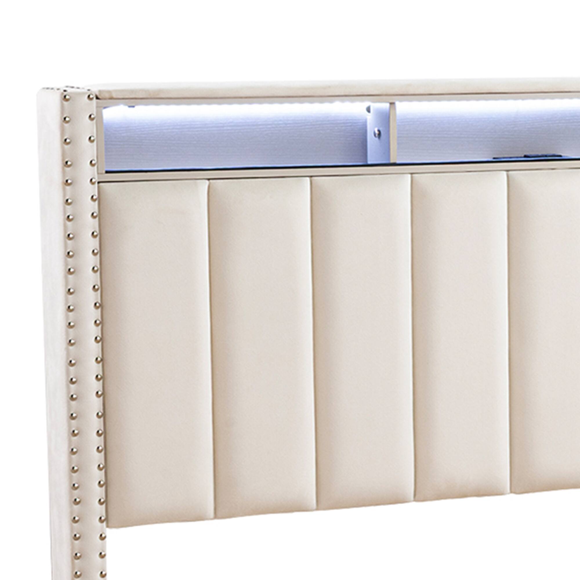 Alt View 2. Vaczon - Full Size Contemporary Solid Wood Platform Bed with Upholstered Foam Headboard – Sturdy, Easy Assembly - Beige.