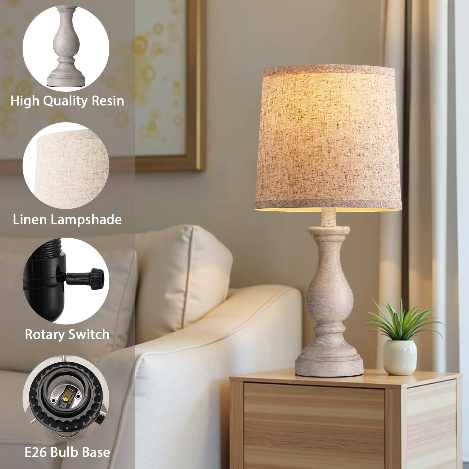 High Quality Resin  
Linen Lampshade  
Rotary Switch  
E26 Bulb Base