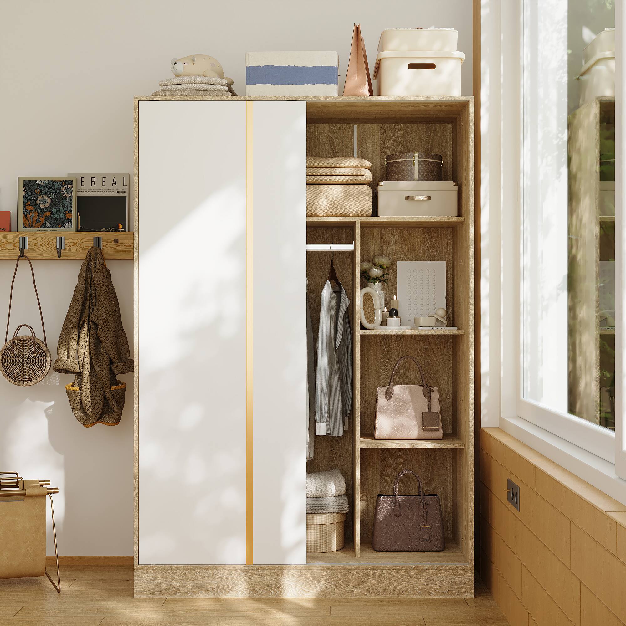 Back. Famapy - Sliding Door Wardrobe with Smart Storage Zones for Small Spaces Bedroom Closet Organizer - White & Wooden.