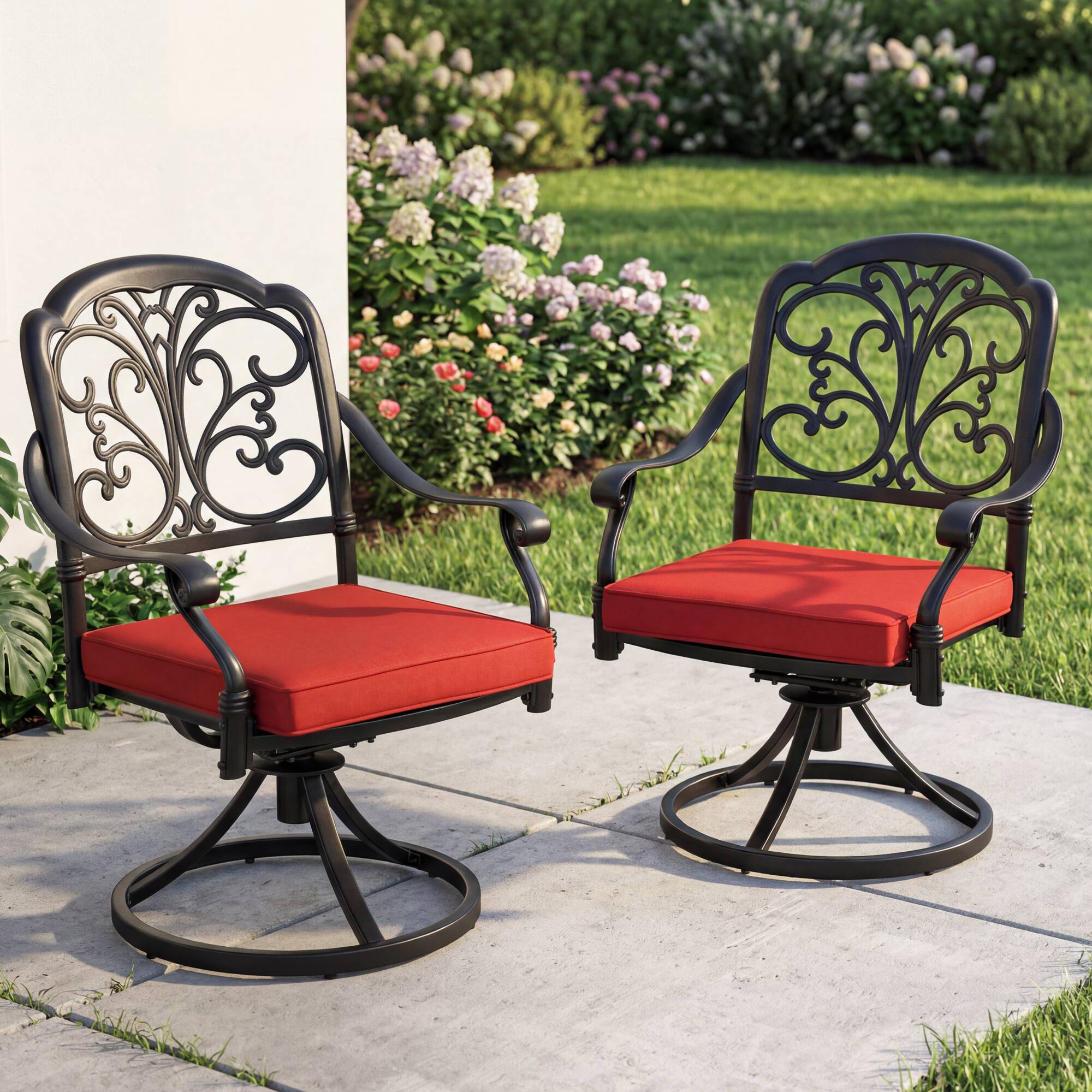 Nuu Garden - 2-Piece Patio Dining Chairs with Cushions, Cast Aluminum Frame, Swivel Base - Black and Red