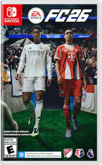EA SPORTS
FIFA 26
NINTENDO SWITCH
REQUIRES CONTENT DOWNLOAD
TÉLÉCHARGEMENT DE CONTENU REQUIS
EVERYONE
ENFANTS et ADULTES
E
ESRB
Download & microSDcard required.
Téléchargement et carte microSD nécessaires.
MLS
NWSL
Emirates
FLY BETTER
UEFA CHAMPIONS LEAGUE
Real Madrid
FC Bayern Munich