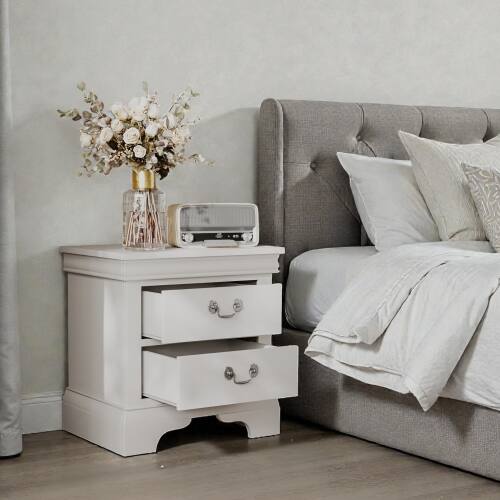 Angle. LUCKY ONE - 22" Assembled Classic Wooden Nightstand 2-Drawer Antique Pulls - White.