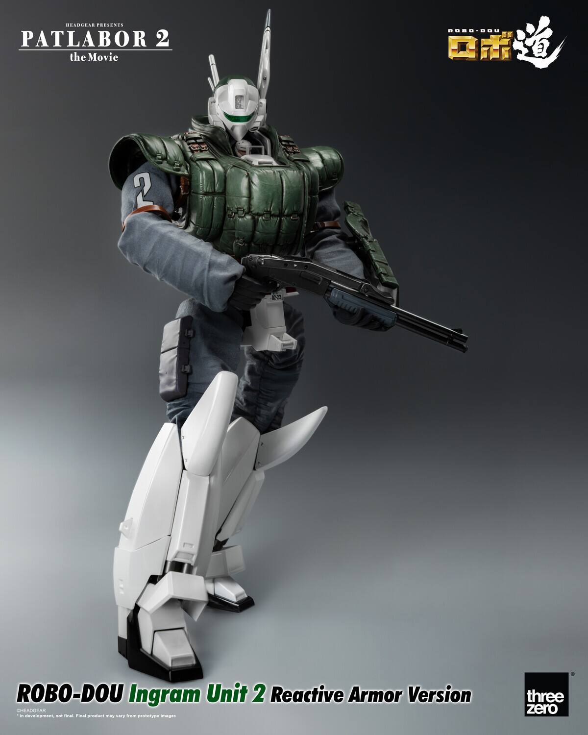 BRADLESS PRESENTS  
PATLABOR 2 the Movie  
ROBO-DOU Ingram Unit 2 Reactive Armor Version  
CHEADOEAR - development, not final product. Images from prototype.  
three zero