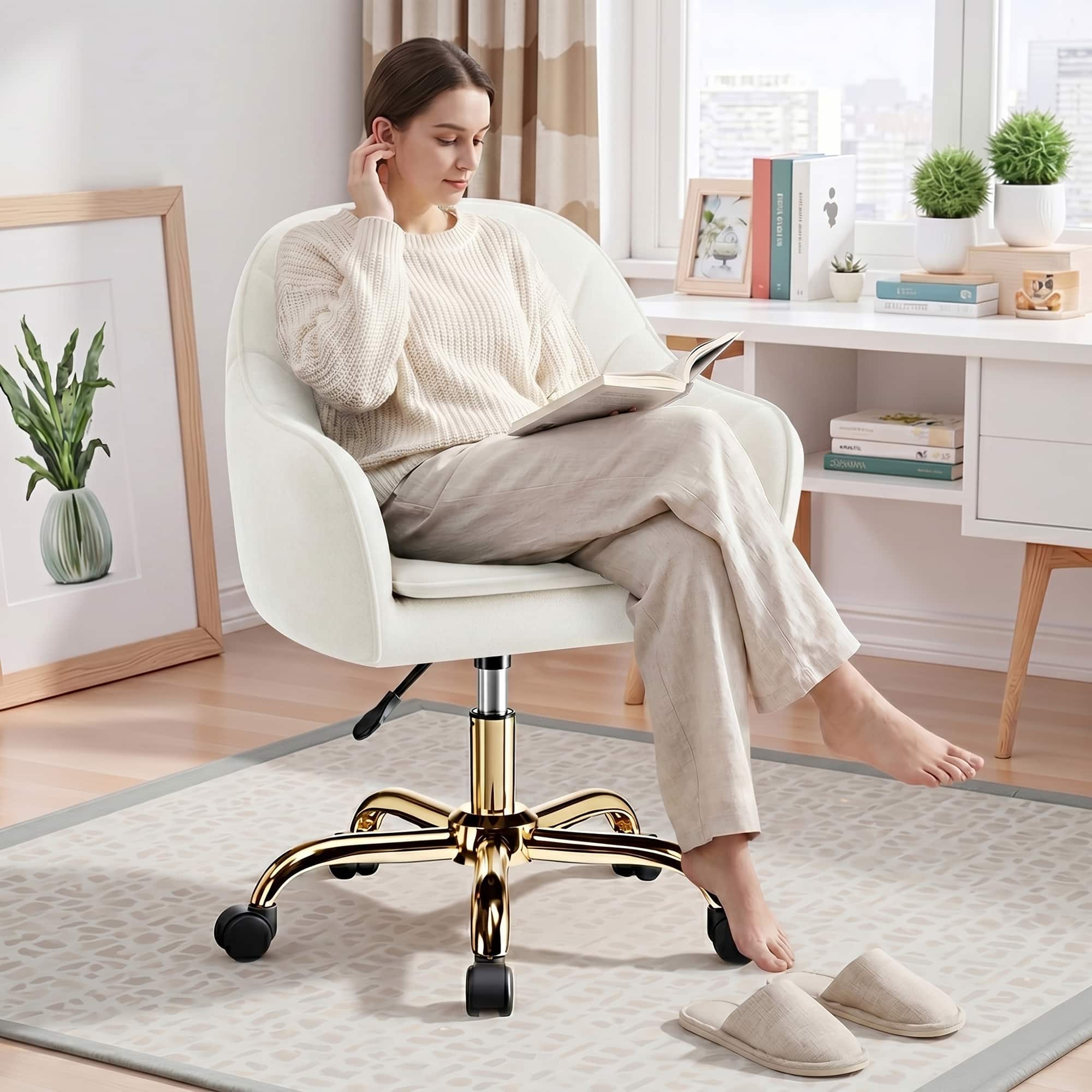 Brick Attic - Vanity Chair with Wheels, Ergonomic Home Office Desk Chairs,Adjustable Velvet Swivel Makeup Stool for Living Room - Beige