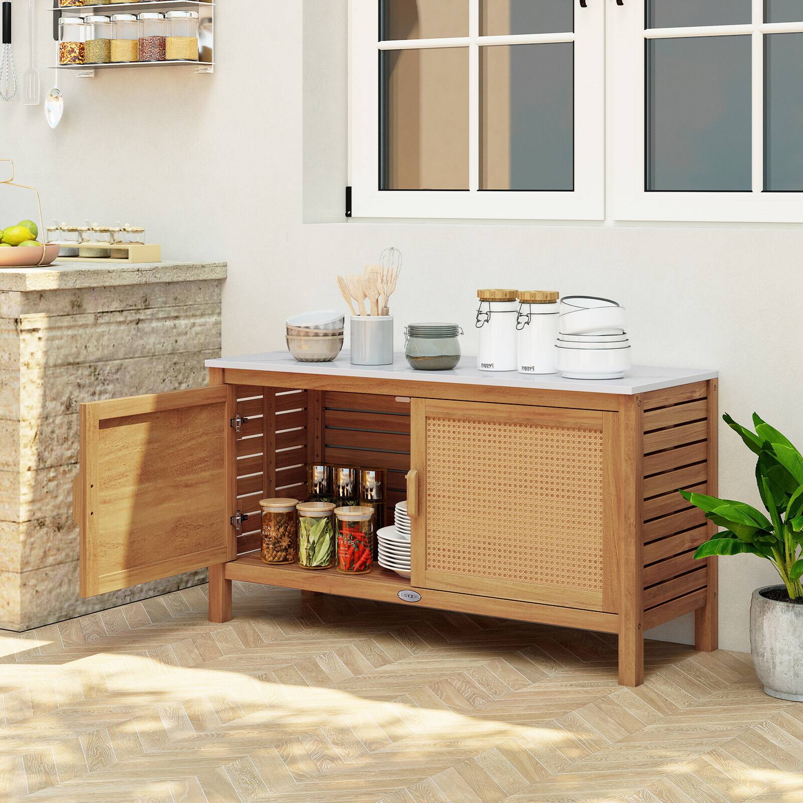 Alt View 1. Gymax - Gymax Outdoor Acacia Wood Storage Cabinet Outside Tool Cabinet with Fax Marble Top - Yellow.