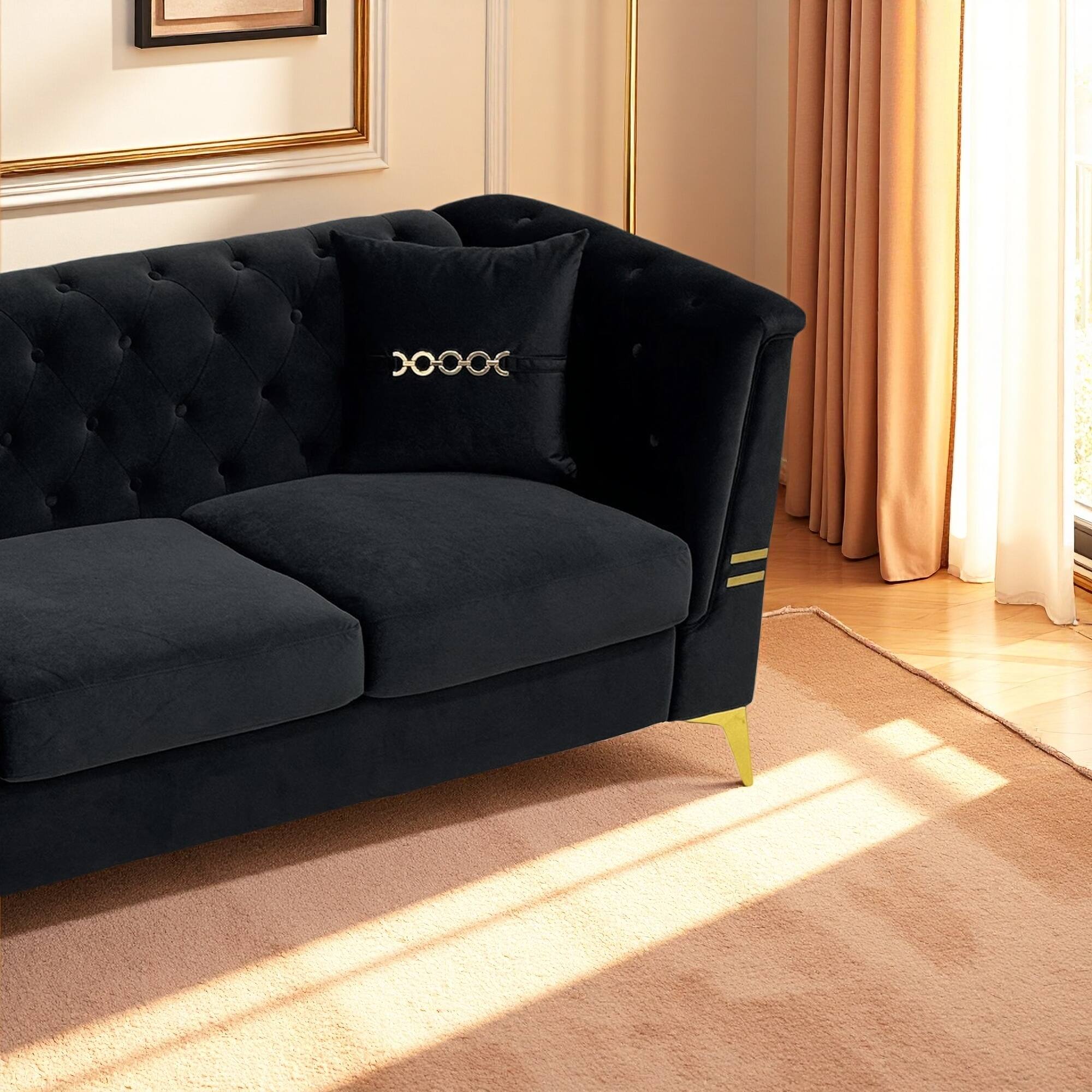Alt View 2. Anysun - 82.7" Velvet 3-Seat Chesterfield Sofa with Gold Legs - Modern Tufted Design, Includes 2 Pillows. - Black.