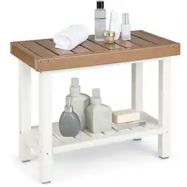 Costway - 24'' x 12'' Heavy Duty Waterproof HDPE Shower Bench Stool with Storage Shelf - Brown + White