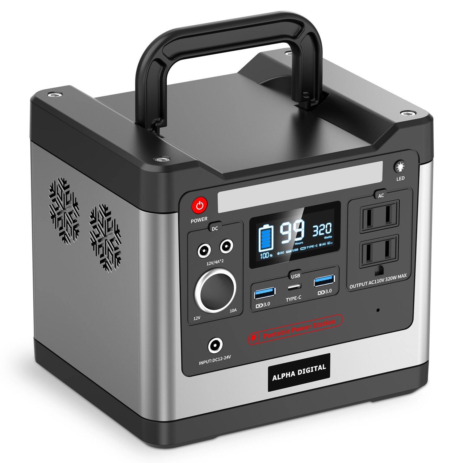 Alpha Digital - 320W Portable Power Station- 298Wh/93120mAh, 8x Outputs: AC/12V DC/USB (298 Wh Capacity) - Black / Grey