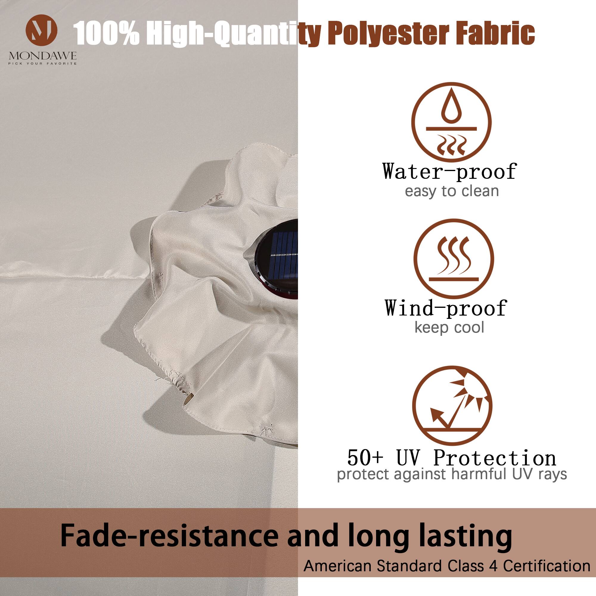 100% High-Quantity Polyester Fabric

- Water-proof
  - easy to clean

- Wind-proof
  - keep cool

- 50+ UV Protection
  - protect against harmful UV rays

Fade-resistance and long lasting

American Standard Class 4 Certification