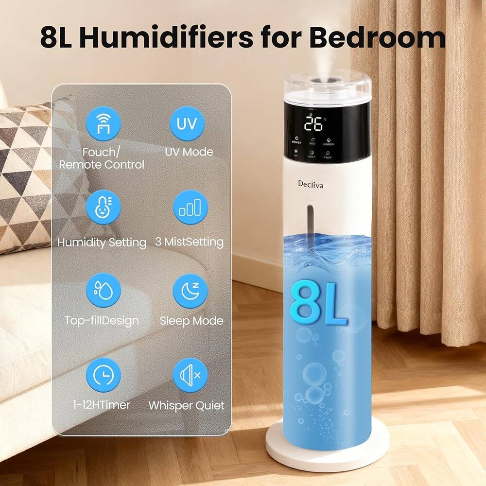 8L Humidifiers for Bedroom

- Touch/ Remote Control
- UV Mode
- Humidity Setting
- 3 Mist Setting
- Top-fill Design
- Sleep Mode
- 1-12H Timer
- Whisper Quiet