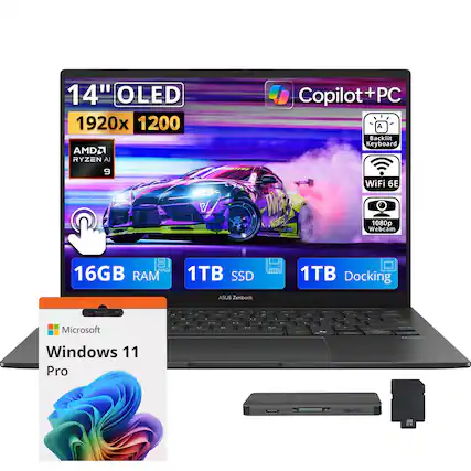 14" OLED 1920x1200 AMD RYZEN 9 Copilot+PC Backlit Keyboard WiFi 6E 1080p Webcam 16GB RAM 1TB SSD 1TB Docking ASUS Zenbook Windows 11 Pro