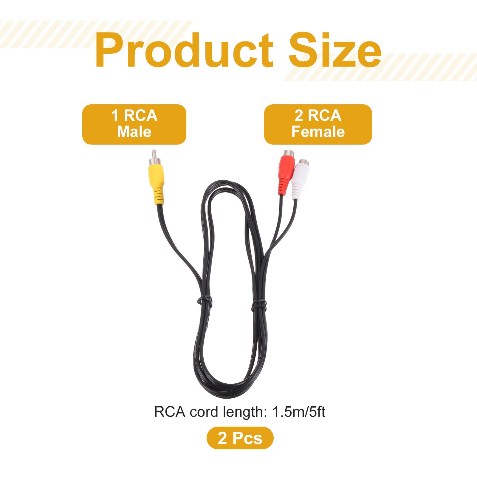 Product Size  
1 RCA Male  
2 RCA Female  
RCA cord length: 1.5m/5ft  
2 Pcs
