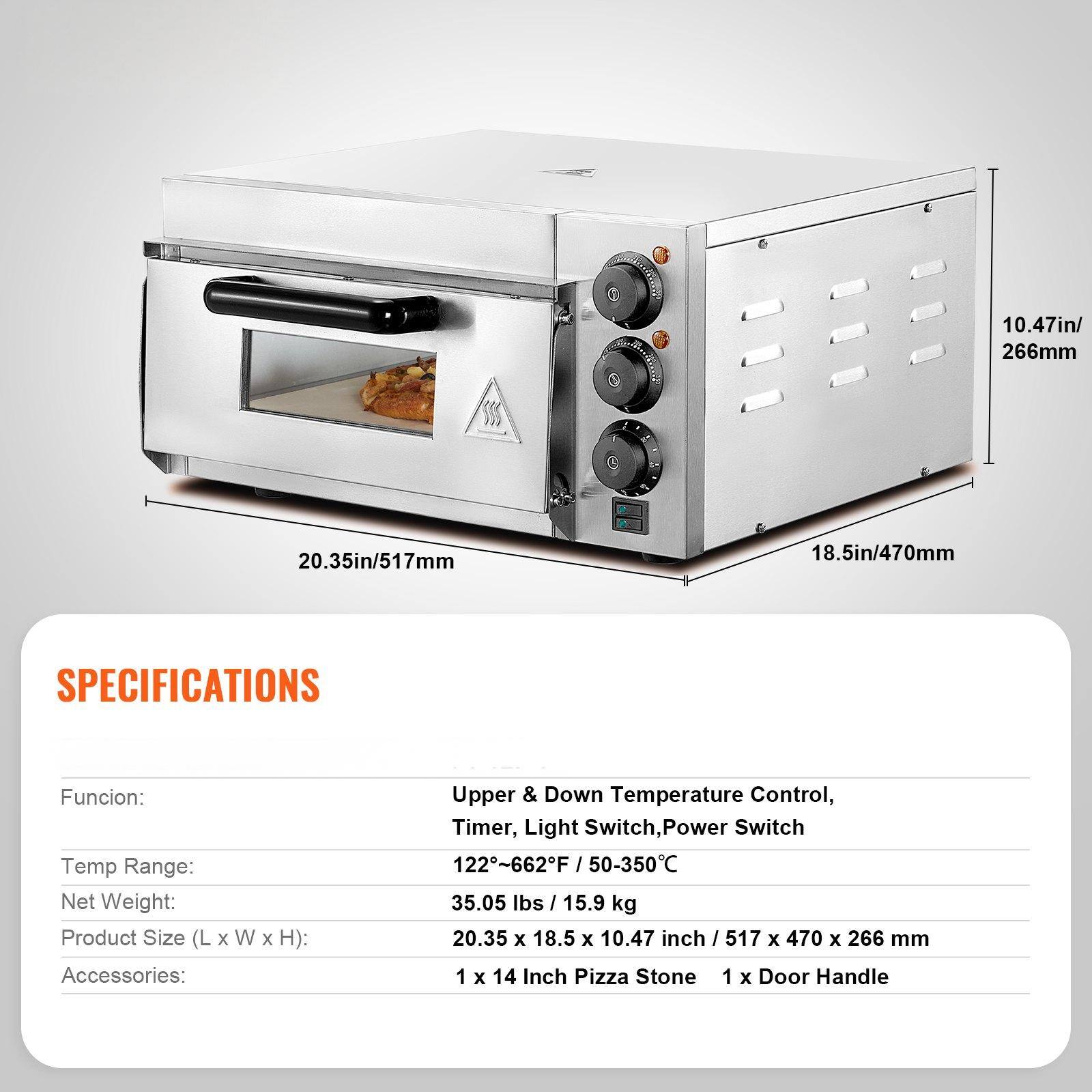 **SPECIFICATIONS**

- **Function:** Upper & Down Temperature Control, Timer, Light Switch, Power Switch
- **Temp Range:** 122°F - 662°F / 50°C - 350°C
- **Net Weight:** 35.05 lbs / 15.9 kg
- **Product Size (L x W x H):** 20.35 x 18.5 x 10.47 inch / 517 x 470 x 266 mm
- **Accessories:** 1 x 14 Inch Pizza Stone, 1 x Door Handle