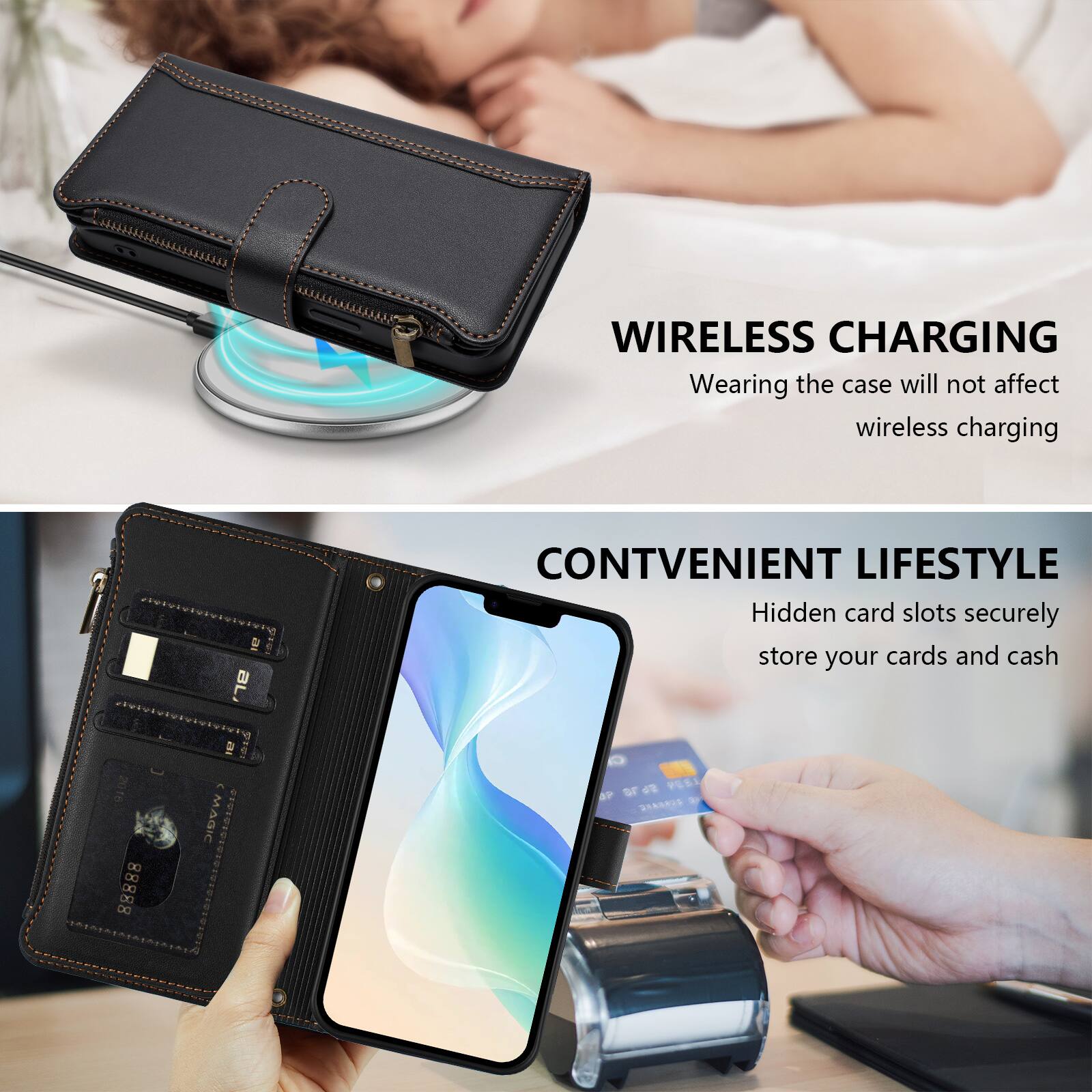 WIRELESS CHARGING  
Wearing the case will not affect wireless charging

2016 88888  
ai BL ai ^ MAGIC

CONVENIENT LIFESTYLE  
Hidden card slots securely store your cards and cash