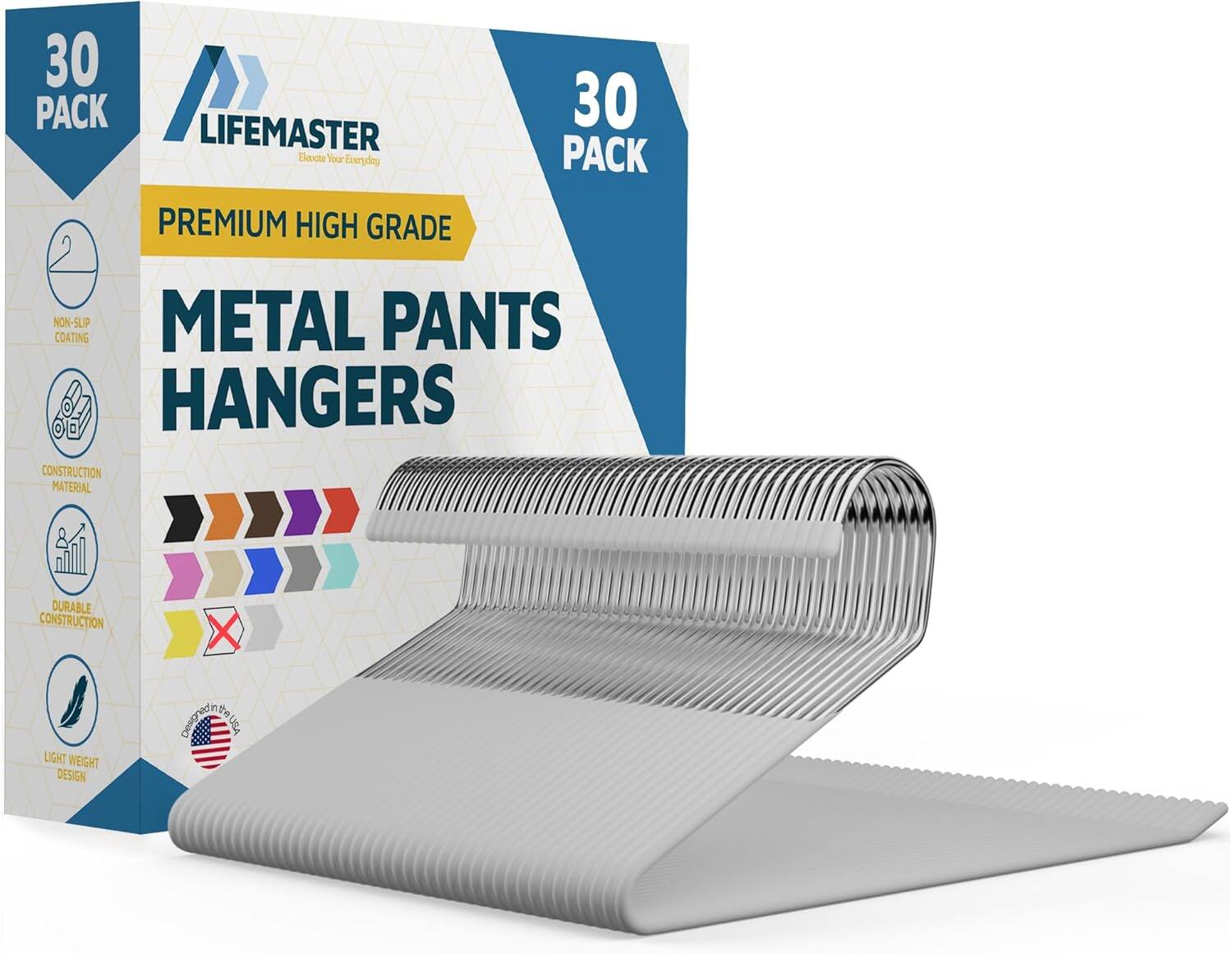 Lifemaster - Metal Pants Hangers – 30-Pack, Non-Slip, Rubber Coated, Open-Ended, Space-Saving for Pants & Jeans - White