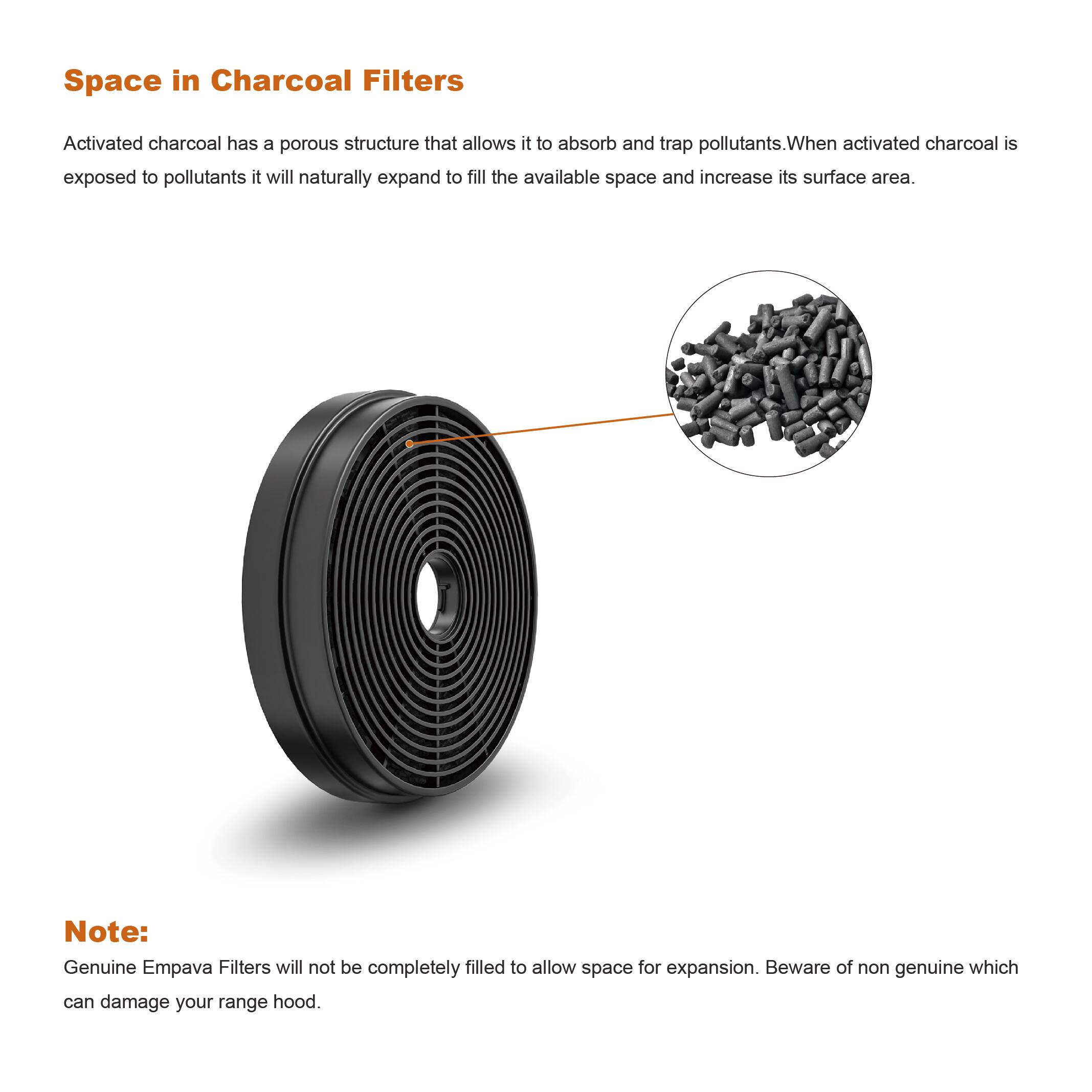 Space in Charcoal Filters

Activated charcoal has a porous structure that allows it to absorb and trap pollutants. When activated charcoal is exposed to pollutants it will naturally expand to fill the available space and increase its surface area.

Note:
Genuine Empava Filters will not be completely filled to allow space for expansion. Beware of non genuine which can damage your range hood.