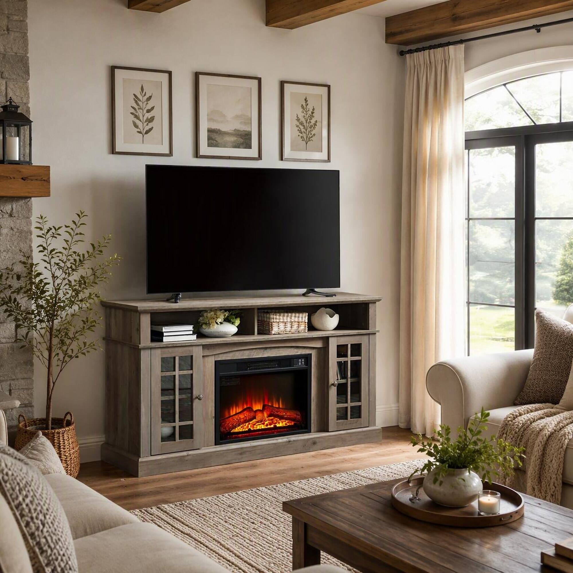 Angle. RYHNUYNE - Classic Gray Wash TV Stand with Built-in Electric Fireplace, Fits TVs Up to 65 Inches, Storage Cabinet - Gray.