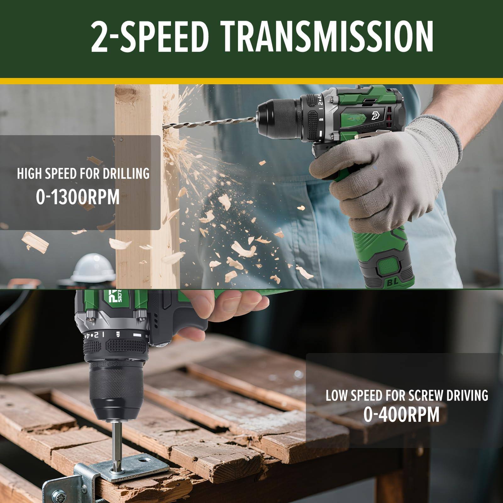 2-SPEED TRANSMISSION

HIGH SPEED FOR DRILLING 0-1300RPM

LOW SPEED FOR SCREW DRIVING 0-400RPM