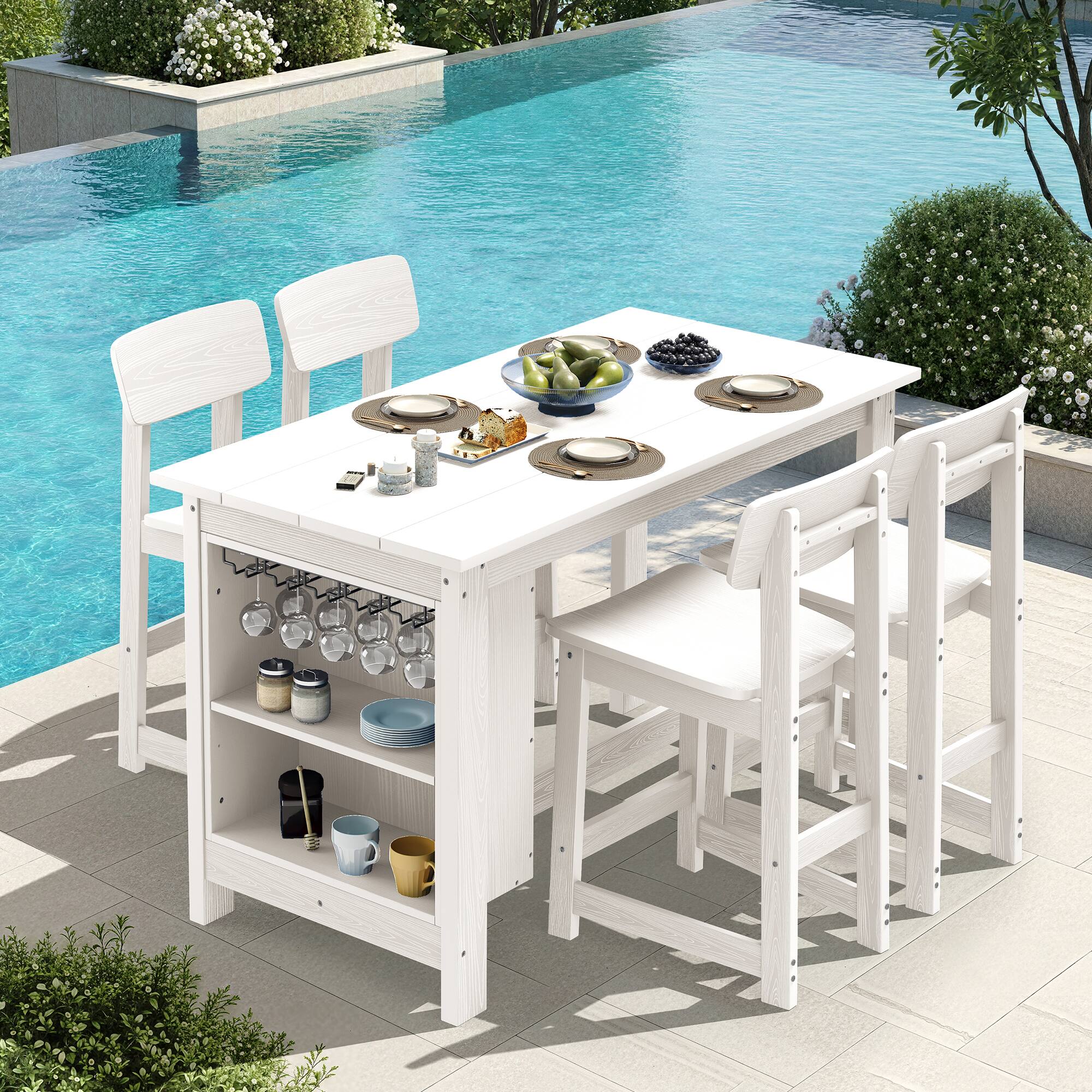 Alt View 10. SERWALL - Outdoor HDPE Counter-Height Bar Table with Storage Rack - White.