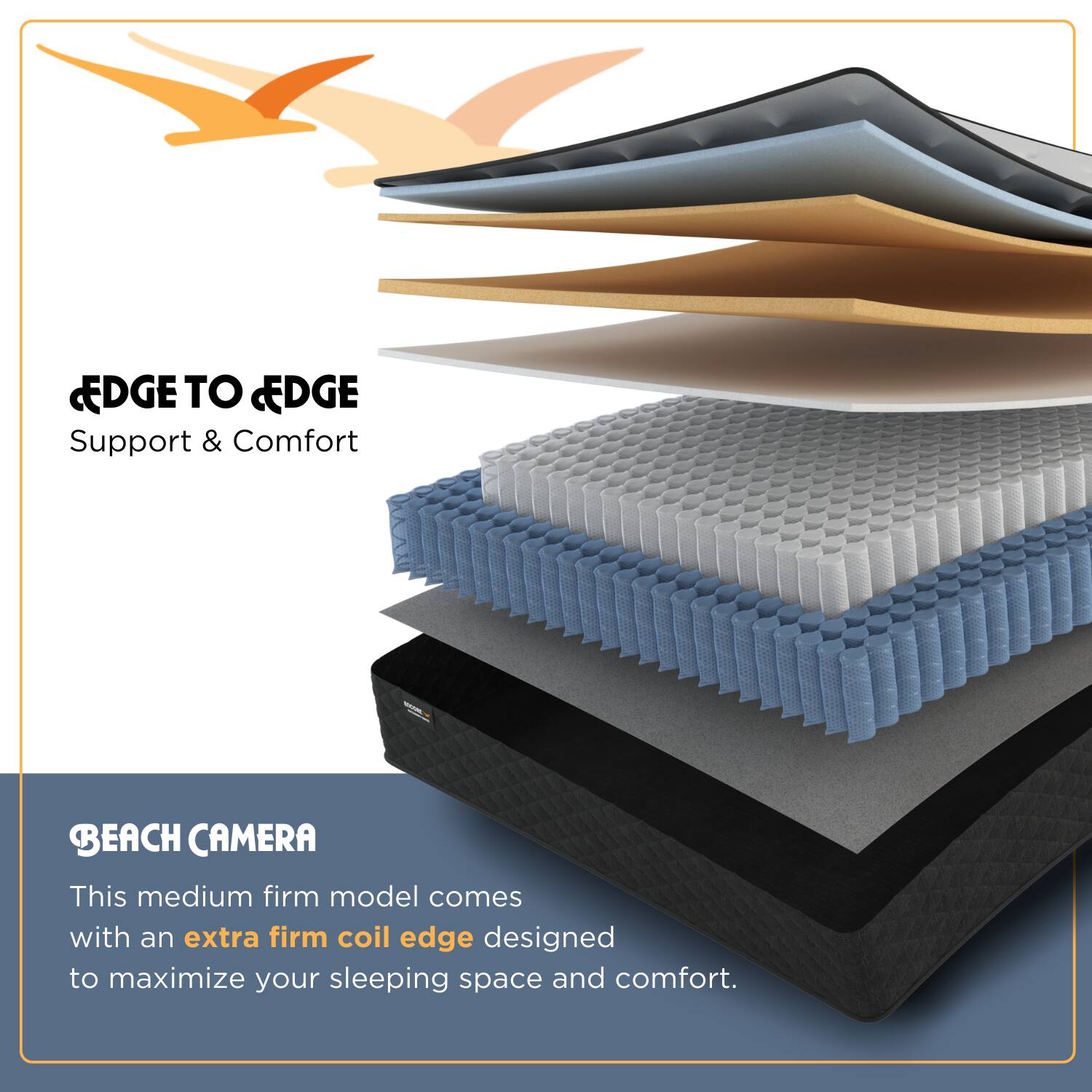 **EDGE TO EDGE**  
Support & Comfort

**BEACH CAMERA**  
This medium firm model comes with an extra firm coil edge designed to maximize your sleeping space and comfort.