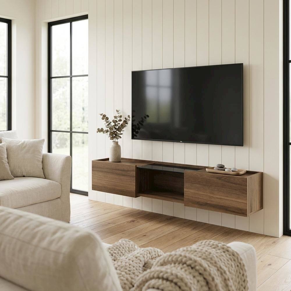 Alt View 2. FurniFact - Walnut Wall-Mounted TV Stand for 65-Inch Screens with Engineered Wood Finish - Brown.