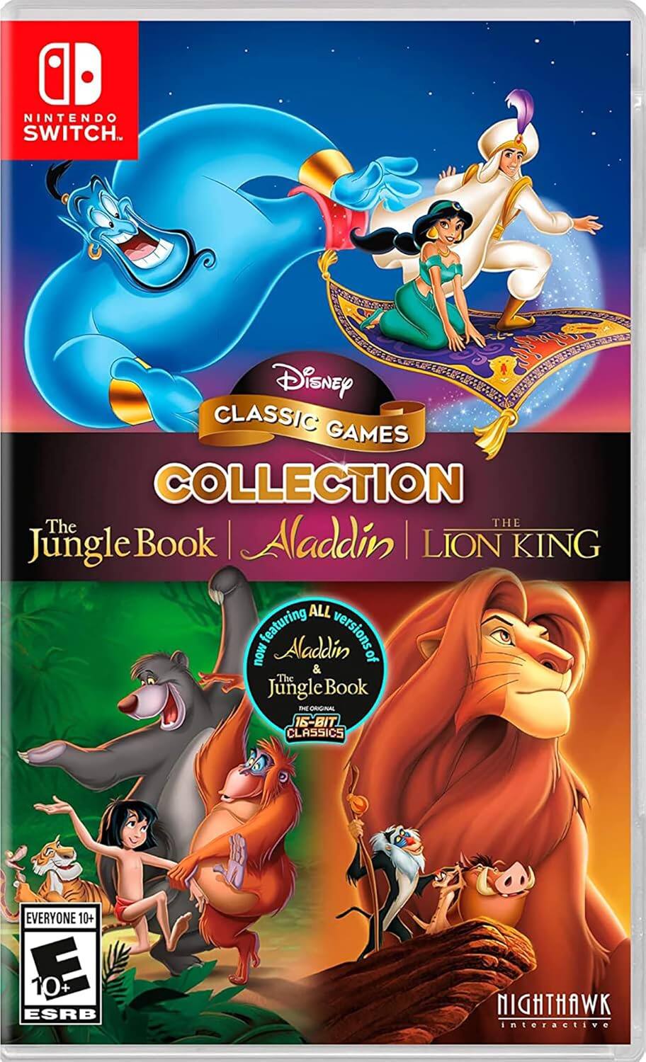 NINTENDO SWITCH Disney CLASSIC GAMES COLLECTION The Jungle Book | Aladdin | LION KING ALL versions of Aladdin & The Jungle Book THE ORIGINAL 16-BIT CLASSICS EVERYONE 10+ E 10+ ESRB NIGHTHAWK interactive - E10+ (Everyone 10+)
