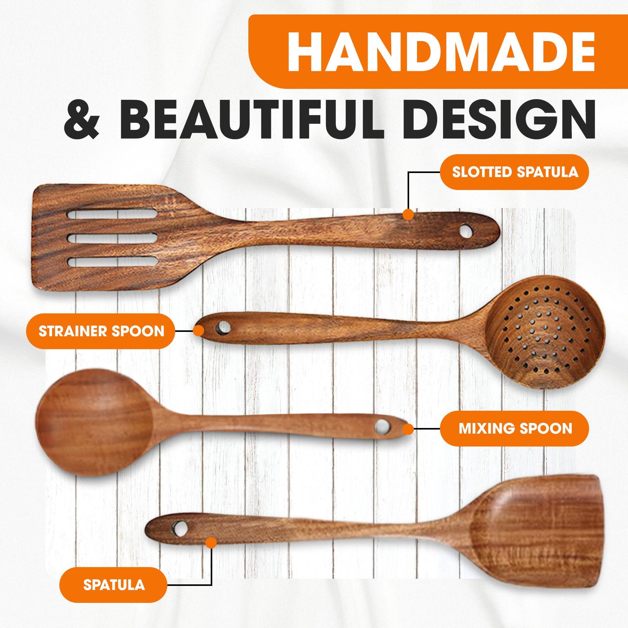 HANDMADE & BEAUTIFUL DESIGN  
- SLOTTED SPATULA  
- STRAINER SPOON  
- MIXING SPOON  
- SPATULA