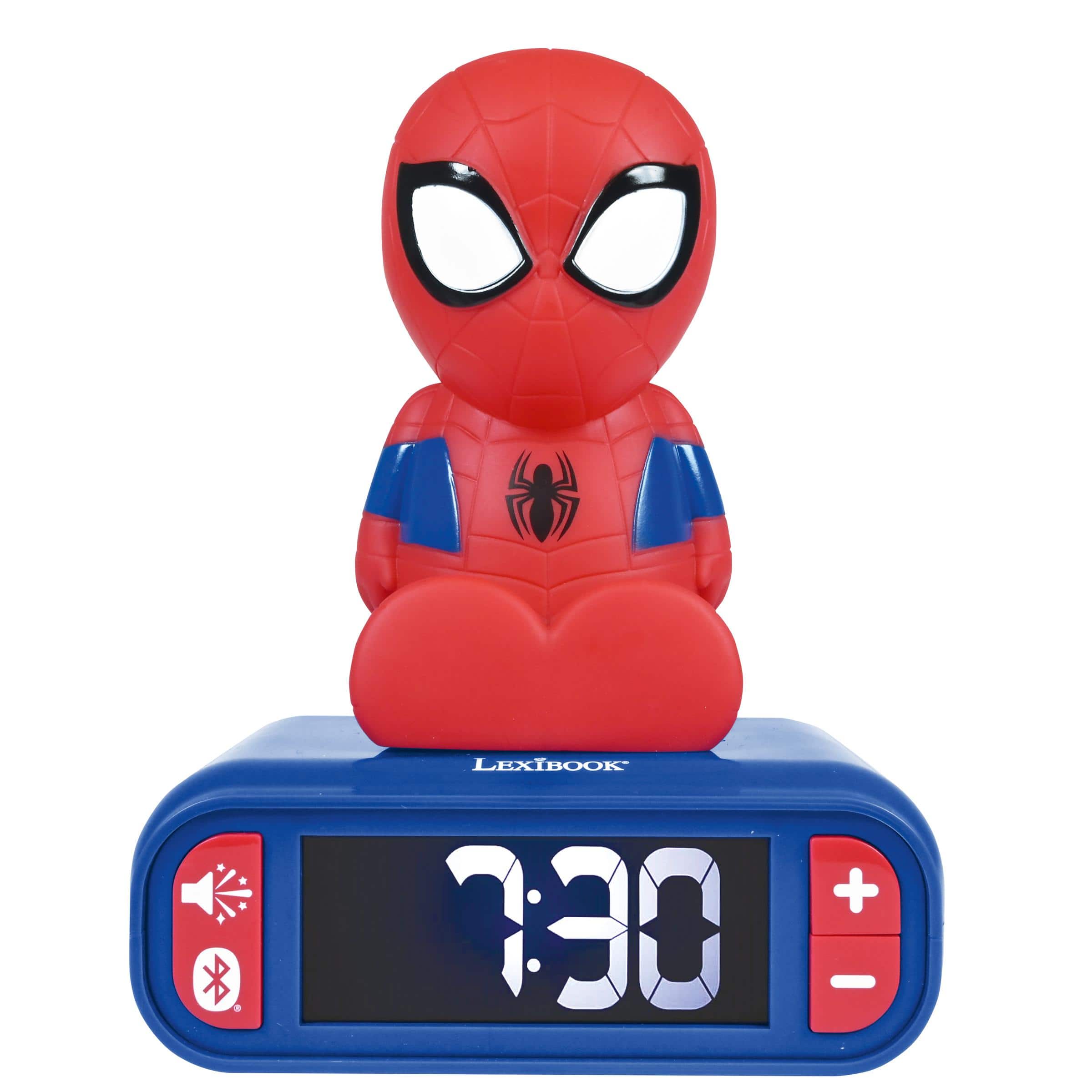 Lexibook - Digital alarm clock with 3D Spider-Man night light. Bluetooth speaker and sound effects - Red