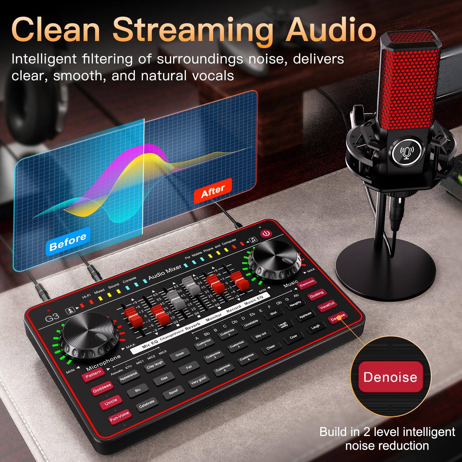 Clean Streaming Audio  
Intelligent filtering of surroundings noise, delivers clear, smooth, and natural vocals  

Build in 2 level intelligent noise reduction