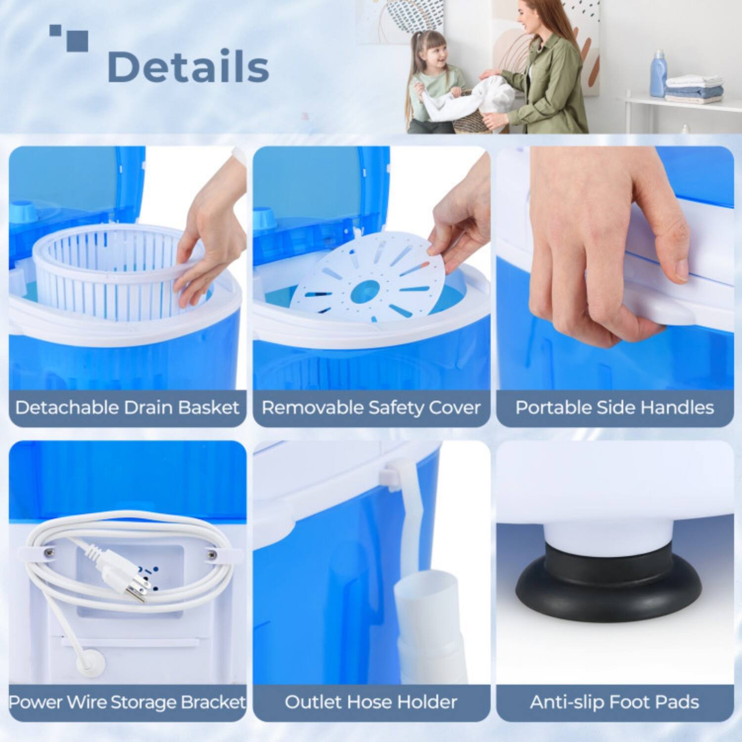 Details  
- Detachable Drain Basket  
- Removable Safety Cover  
- Portable Side Handles  
- Power Wire Storage Bracket  
- Outlet Hose Holder  
- Anti-slip Foot Pads