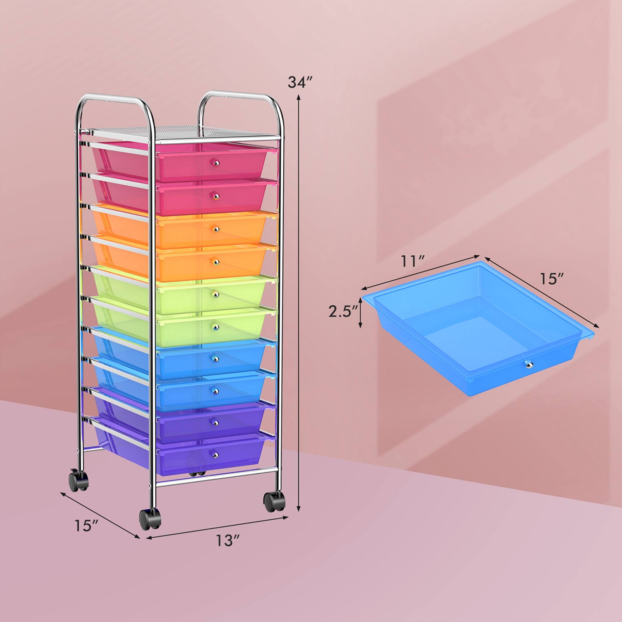The text on the image reads: 34" 11" 15" 2.5 15" 13". This indicates the dimensions of the cart, which is 34 inches tall, 11 inches wide, and 15 inches deep. The cart also has a blue tray that is 2.5 inches deep and a 15-inch-deep tray.