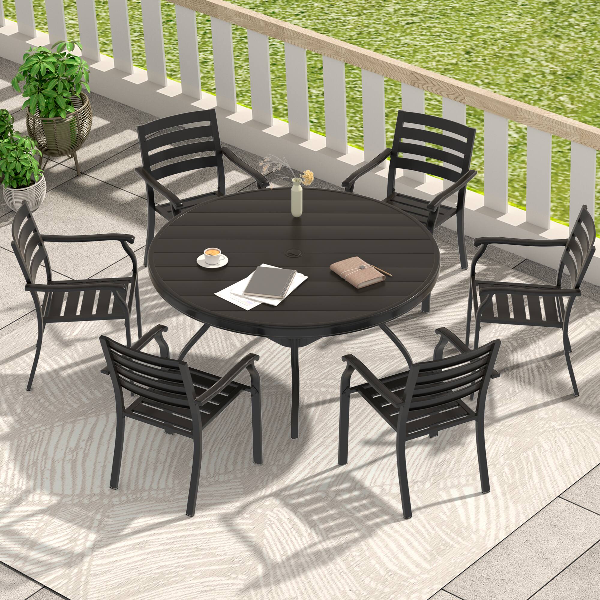 Mondawe - 7 Pieces Outdoor Metal Dining Set, 6 Stackable Dining Chairs and 52.95" Round Dining Table - Black