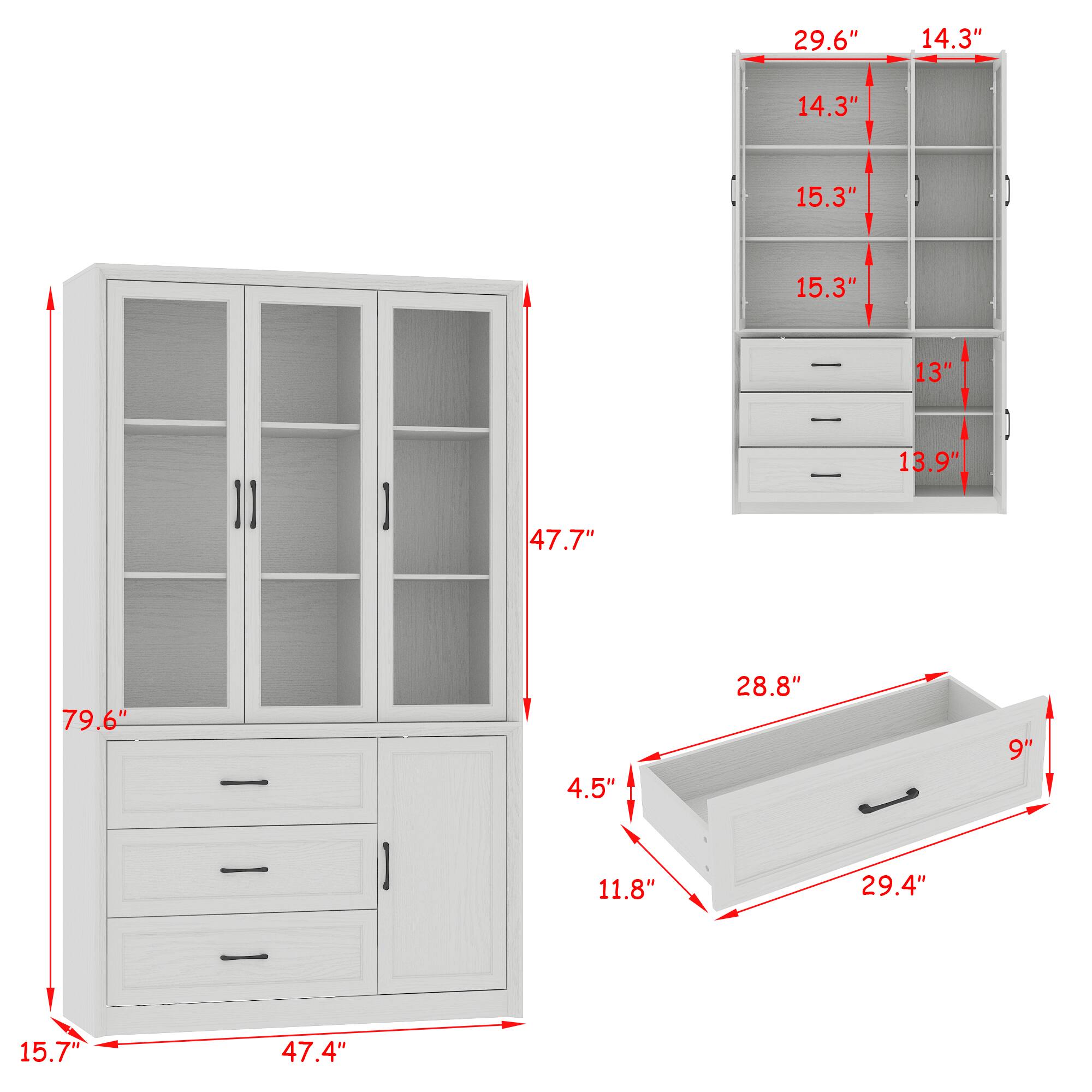 - Height: 79.6"
- Width: 47.4"
- Depth: 15.7"
- Height of cabinet section: 47.7"
- Width of cabinet section: 29.6"
- Height of shelves: 14.3", 15.3", 15.3"
- Height of drawers: 13", 13.9"
- Width of drawers: 14.3"
- Width of bottom drawer: 29.4"
- Depth of bottom drawer: 11.8"
- Height of bottom drawer: 4.5"
- Width of top drawer: 28.8"
- Depth of top drawer: 9"