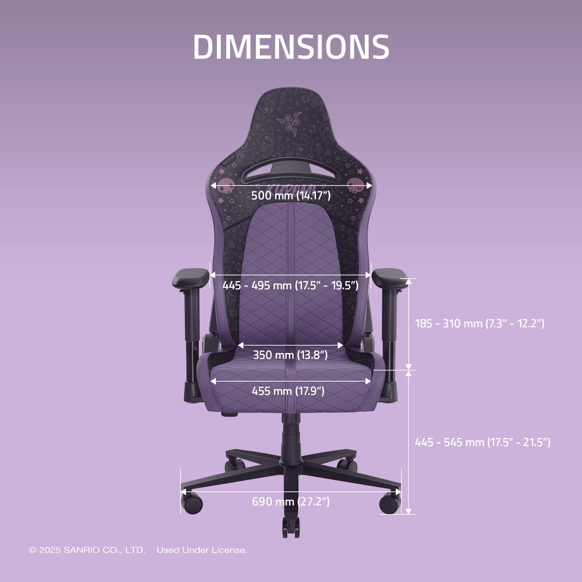 The text on the image reads: "DIMENSIONS 500 mm (14.17") 445-495 mm (17.5" - 19.5") 185- 310 mm (7.3" - 12.2") 350 mm (13.8") 455 mm (17.9") 445-545 mm (17.5" - 21.5") 690 mm (27.2") 2025 SANRIO CO., LTD. Used Under License."