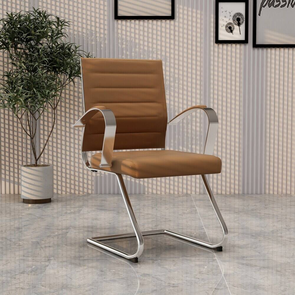 Angle. LeisureMod - Set of 4 Benmar Modern Leather Upholstered Office Desk Chair with Padded Armrests and Chrome Frame for Home or Office - Light Brown.