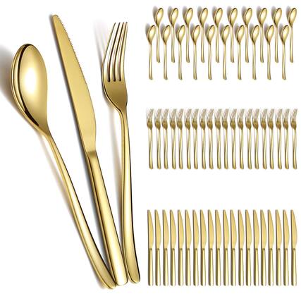 Front. Dazzed Corner - Gold Wedding Silverware Set 60pcs Service for 20, Titanium Plating Stainless Steel - NY22XH7.