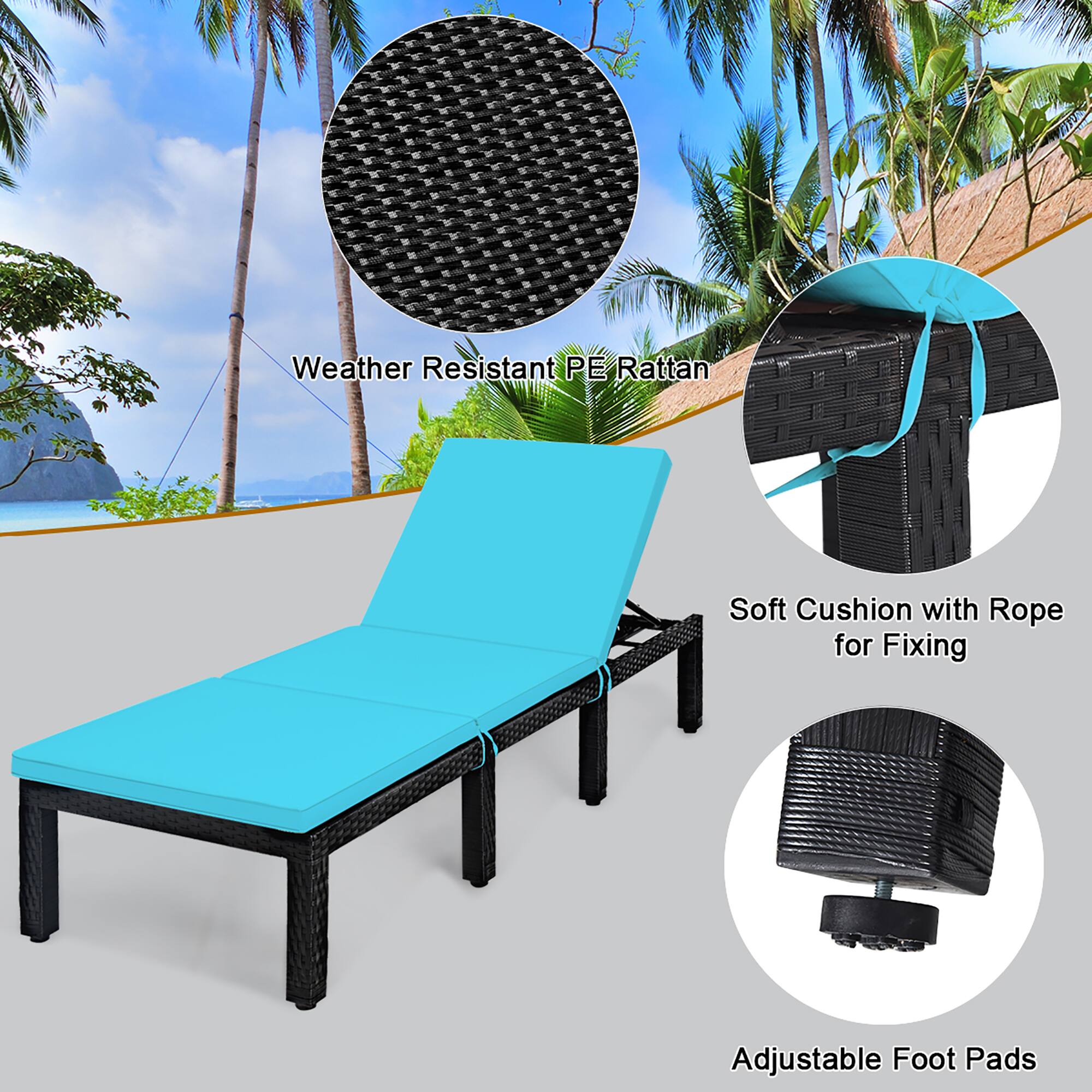 Weather Resistant PE Rattan Soft Cushion with Rope for Fixing Adjustable Foot Pads