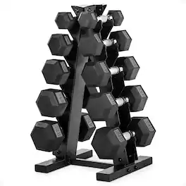 HolaHatha - 10, 15, 25, 30 & 35 Lb Hexagonal Dumbbell Weight Set w/ Rack - Black