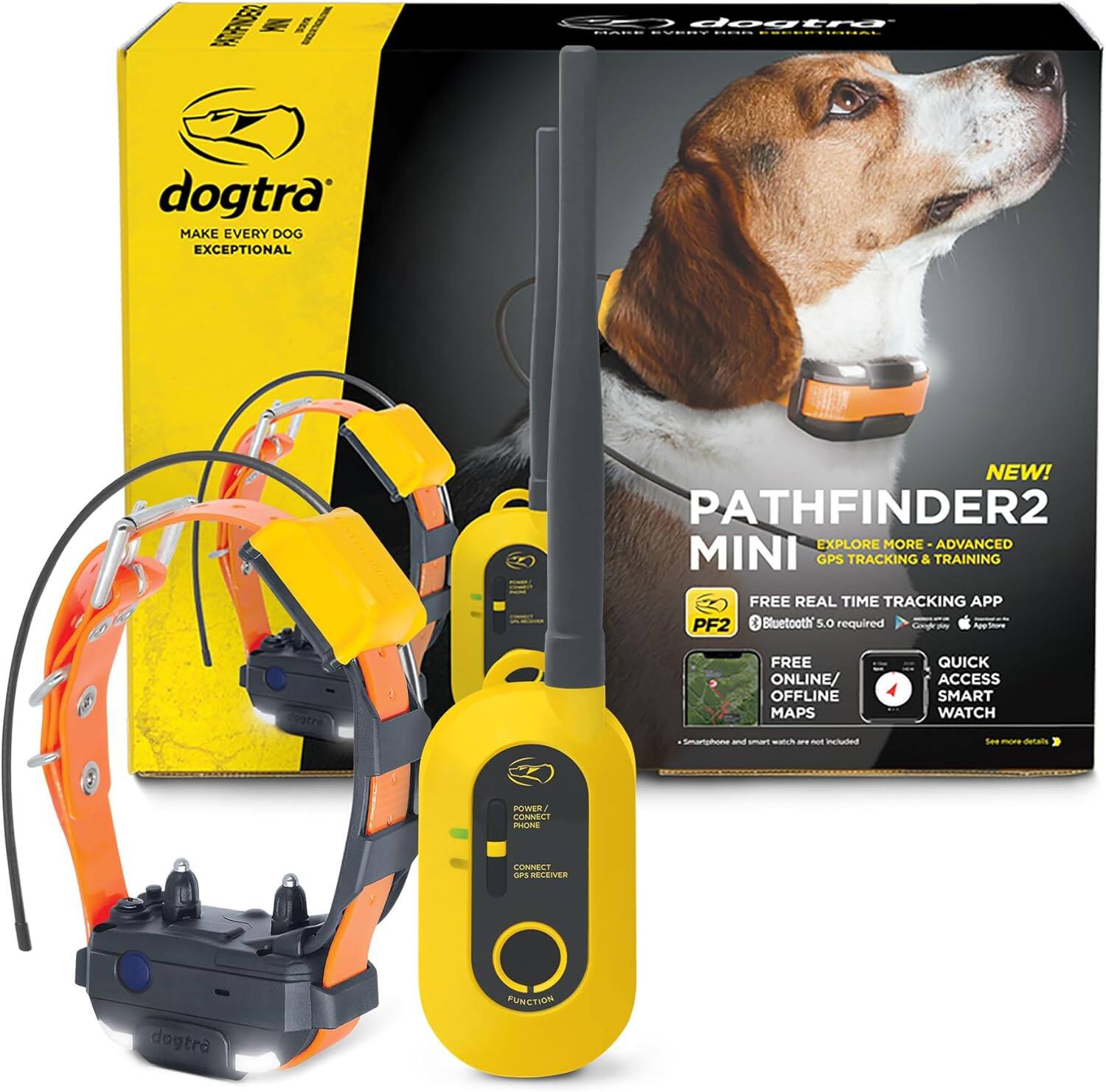 dogtra  
MAKE EVERY DOG EXCEPTIONAL  

PATHFINDER2 MINI  
EXPLORE MORE ADVANCED MINI GPS TRACKING & TRAINING  

NEW!  
FREE REAL TIME TRACKING APP  
Bluetooth 5.0 required  

FREE ONLINE/ OFFLINE MAPS  
QUICK ACCESS SMART WATCH  

dogtra  
POWER/ PHONE  
GPS RECEIVER  
FUNCTION