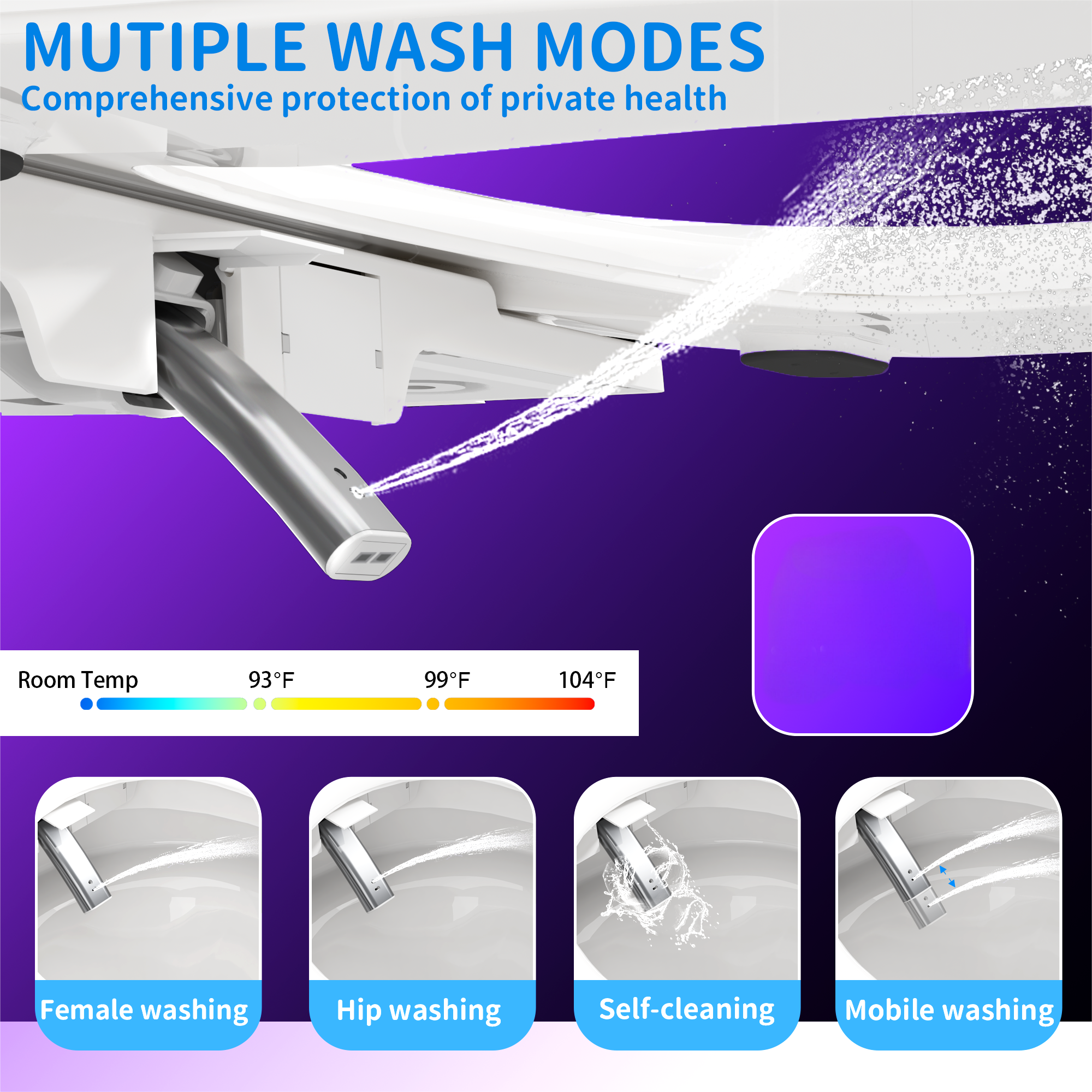 **MUTIPLE WASH MODES**  
Comprehensive protection of private health

- Room Temp
- 93°F
- 99°F
- 104°F

- Female washing
- Hip washing
- Self-cleaning
- Mobile washing