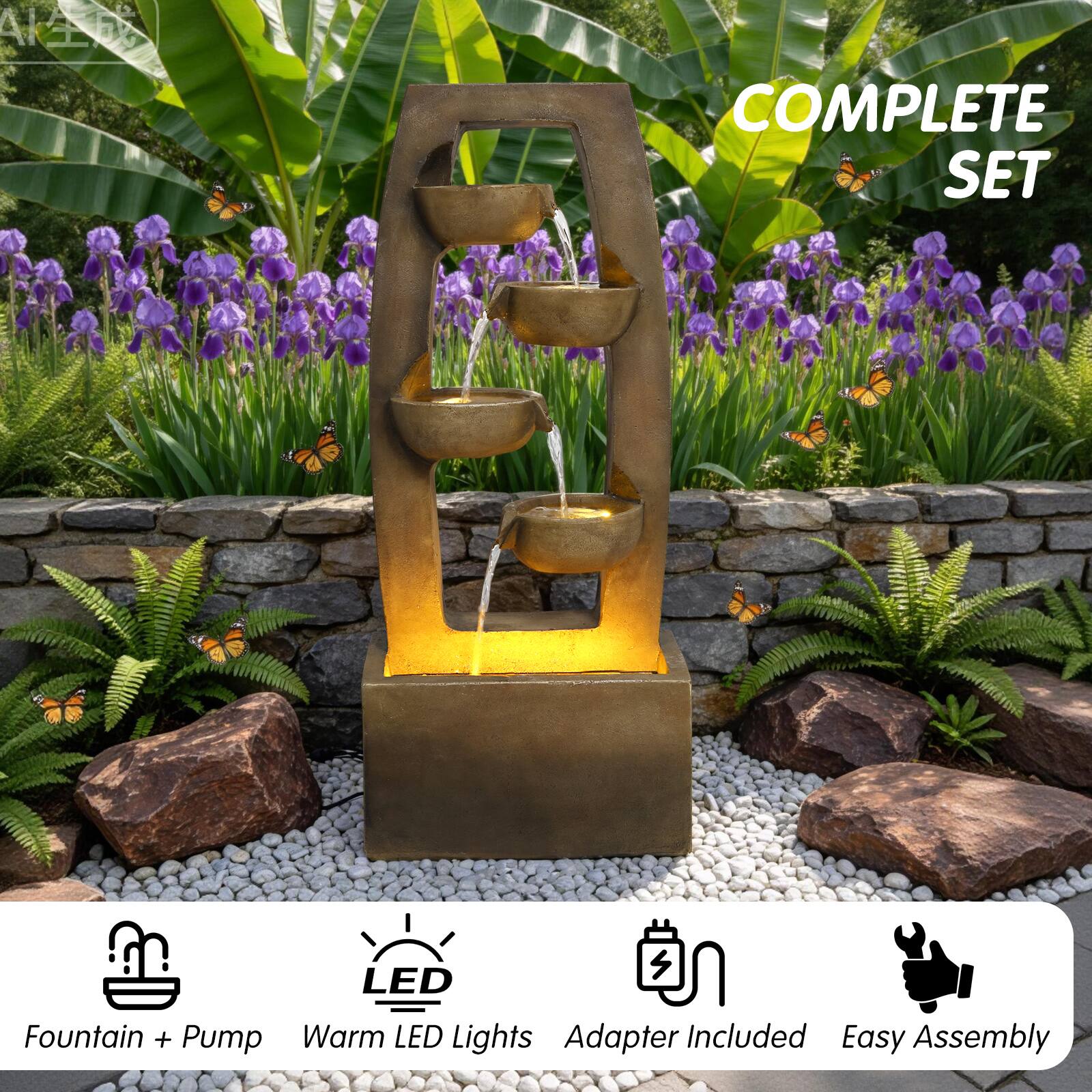 A COMPLETE SET  
1 LED S Fountain + Pump  
Warm LED Lights  
Adapter Included  
Easy Assembly  

COMPLETE SET  

Fountain + Pump  
Warm LED Lights  
Adapter Included  
Easy Assembly